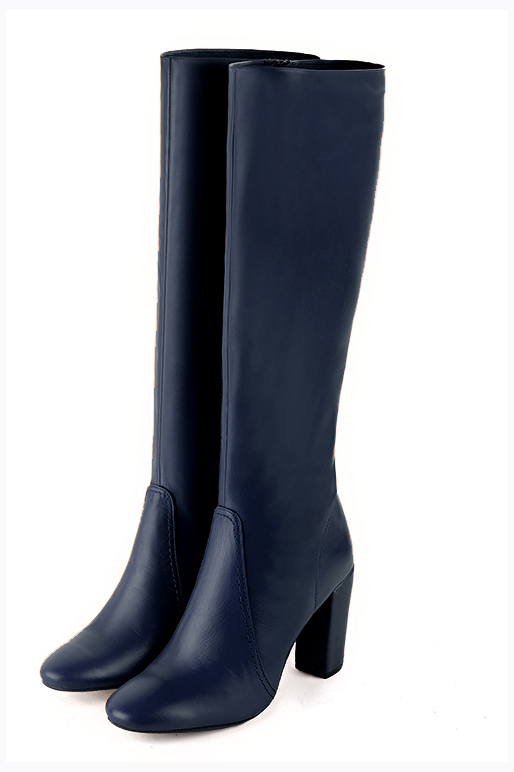 Navy blue feminine knee high boots. Round toe. High block heels. Model Stan Paris Bottier